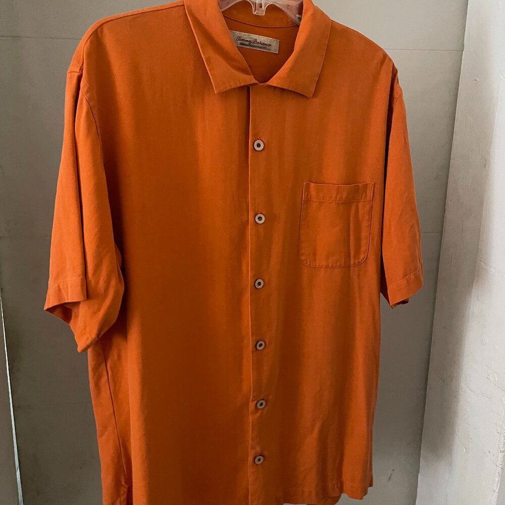 TOMMY BAHAMA Orange Short Sleeve Shirt Size L 100% Silk Mens Large